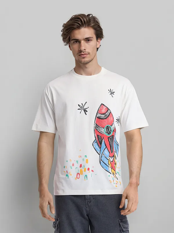 Highlander Men White Printed Round Neck T-Shirt