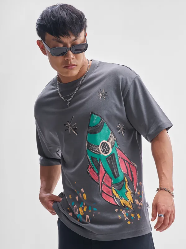 Highlander Men Grey Printed Round Neck T-Shirt