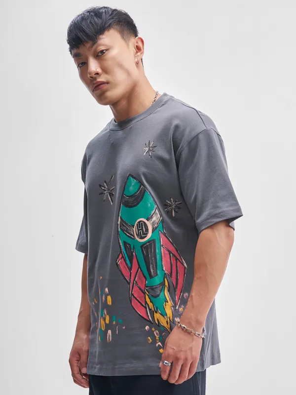 Highlander Men Grey Printed Round Neck T-Shirt