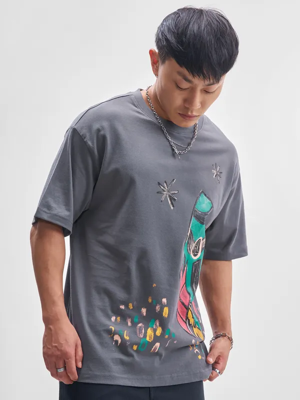 Highlander Men Grey Printed Round Neck T-Shirt