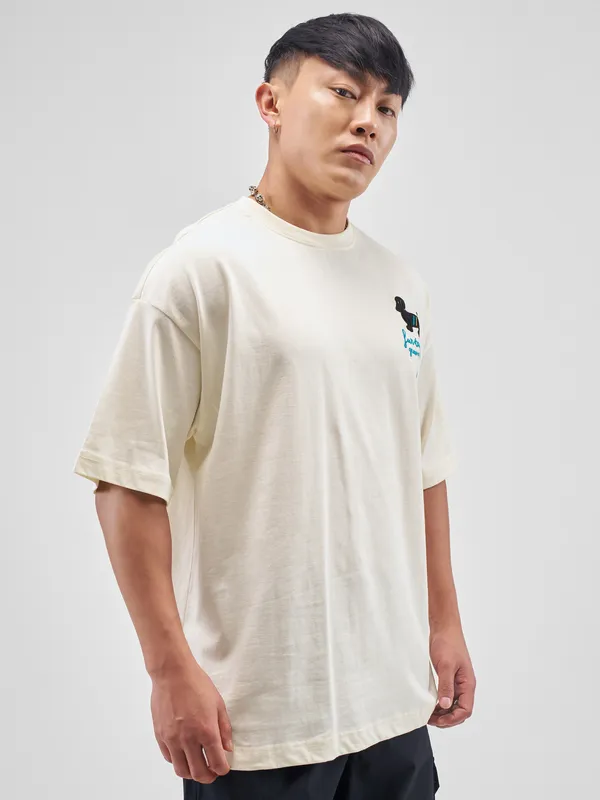 Highlander Men Cream Printed Round Neck Oversized Fit T-Shirt