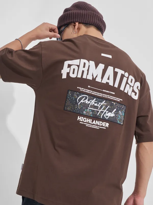 Highlander Men Brown Printed Round Neck Oversized Fit T-Shirt