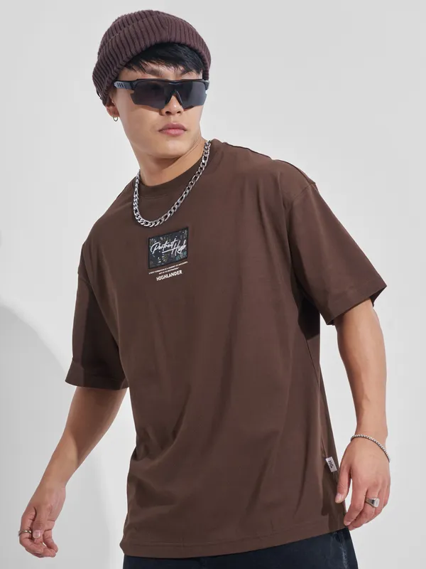 Highlander Men Brown Printed Round Neck Oversized Fit T-Shirt
