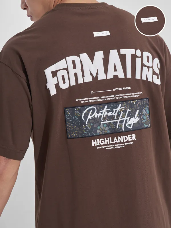 Highlander Men Brown Printed Round Neck Oversized Fit T-Shirt