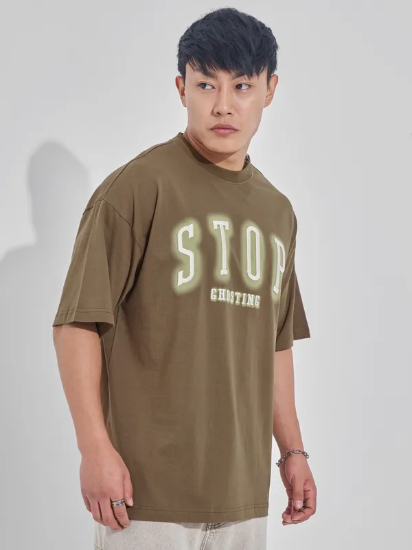 Highlander Men Khaki Printed Round Neck Oversized Fit T-Shirt