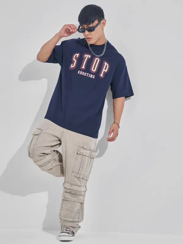 Highlander Men Navy Blue Printed Round Neck Oversized Fit T-Shirt
