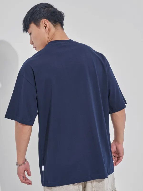 Highlander Men Navy Blue Printed Round Neck Oversized Fit T-Shirt