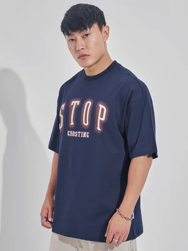 Highlander Men Navy Blue Printed Round Neck Oversized Fit T-Shirt