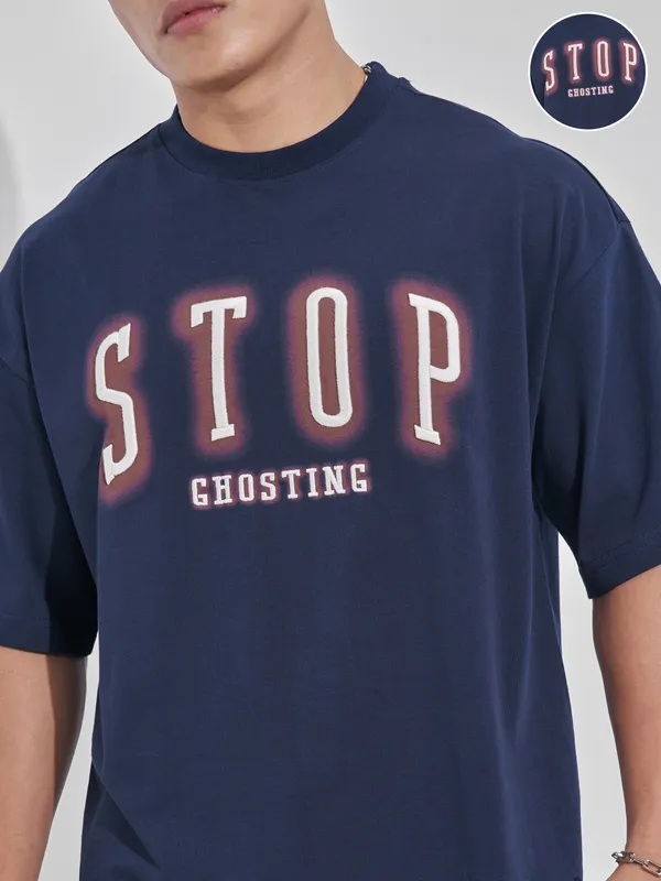 Highlander Men Navy Blue Printed Round Neck Oversized Fit T-Shirt