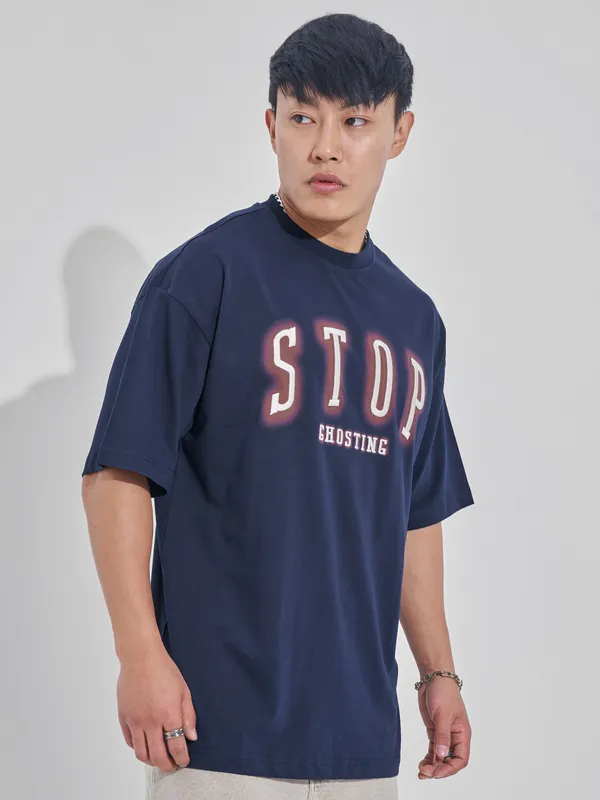 Highlander Men Navy Blue Printed Round Neck Oversized Fit T-Shirt