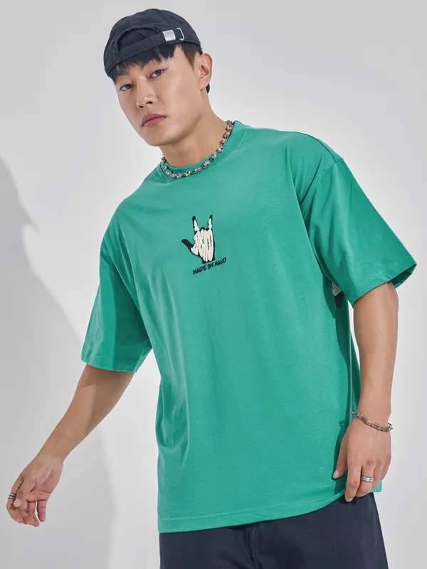 Highlander Men Turquoise Printed Round Neck Oversized Fit T-Shirt