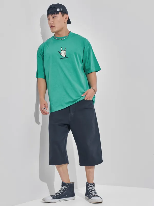 Highlander Men Turquoise Printed Round Neck Oversized Fit T-Shirt