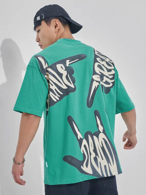 Highlander Men Turquoise Printed Round Neck Oversized Fit T-Shirt