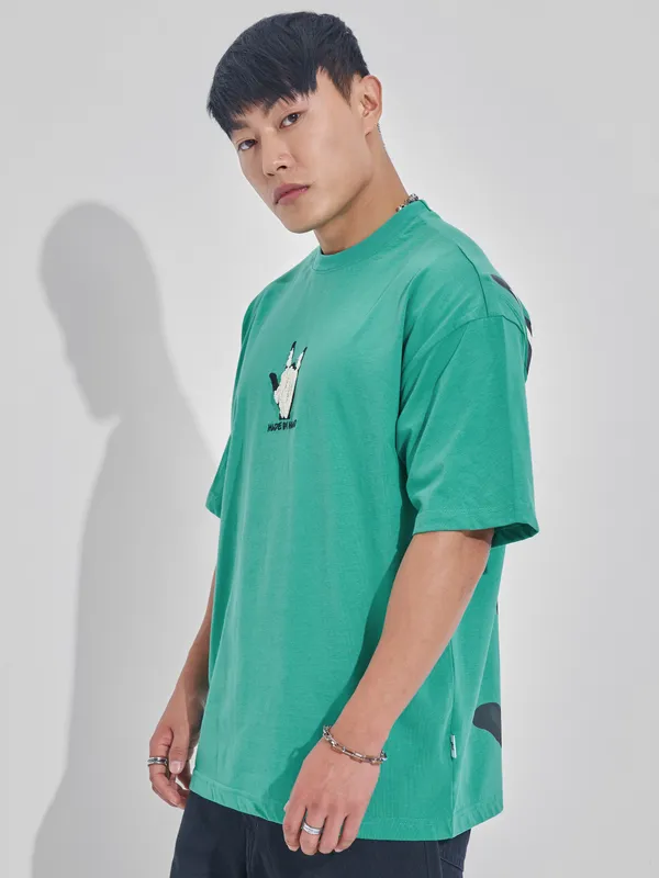 Highlander Men Turquoise Printed Round Neck Oversized Fit T-Shirt