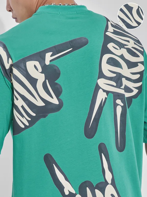 Highlander Men Turquoise Printed Round Neck Oversized Fit T-Shirt