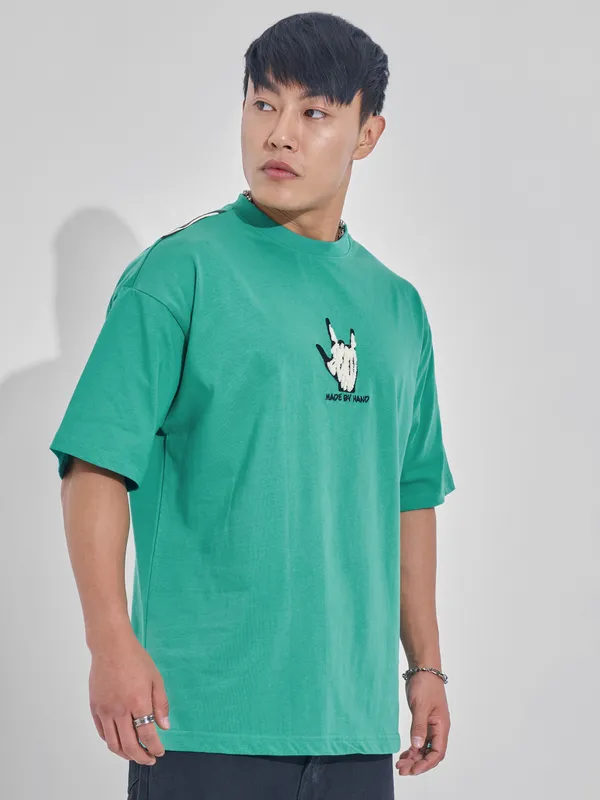 Highlander Men Turquoise Printed Round Neck Oversized Fit T-Shirt