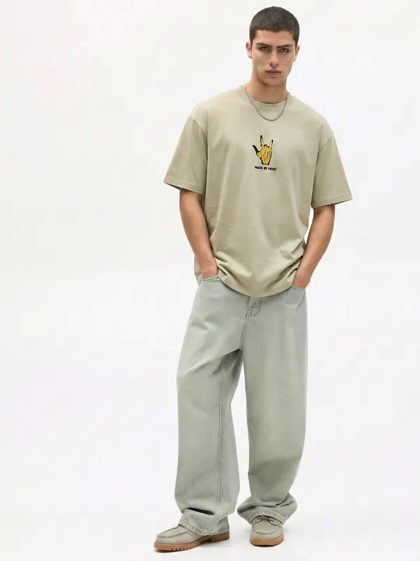 Highlander Men Nude Printed Round Neck Oversized Fit T-Shirt