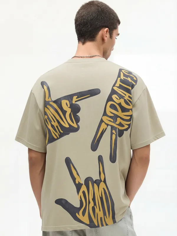 Highlander Men Nude Printed Round Neck Oversized Fit T-Shirt