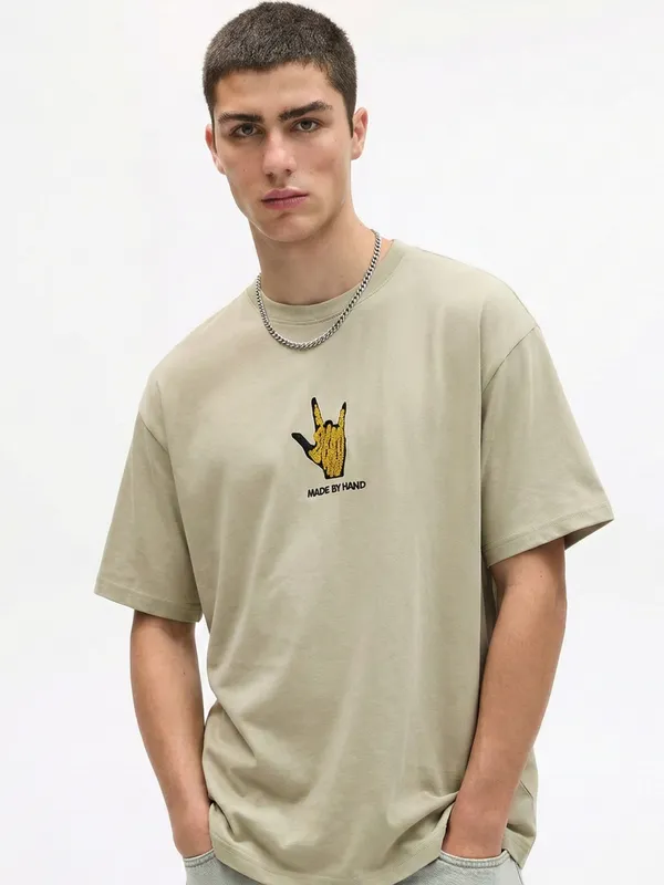 Highlander Men Nude Printed Round Neck Oversized Fit T-Shirt