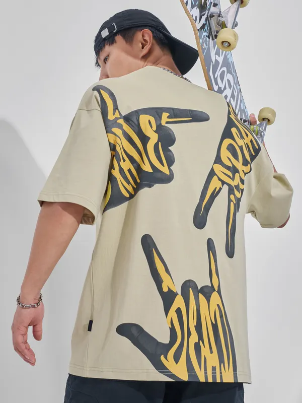 Highlander Men Nude Printed Round Neck Oversized Fit T-Shirt