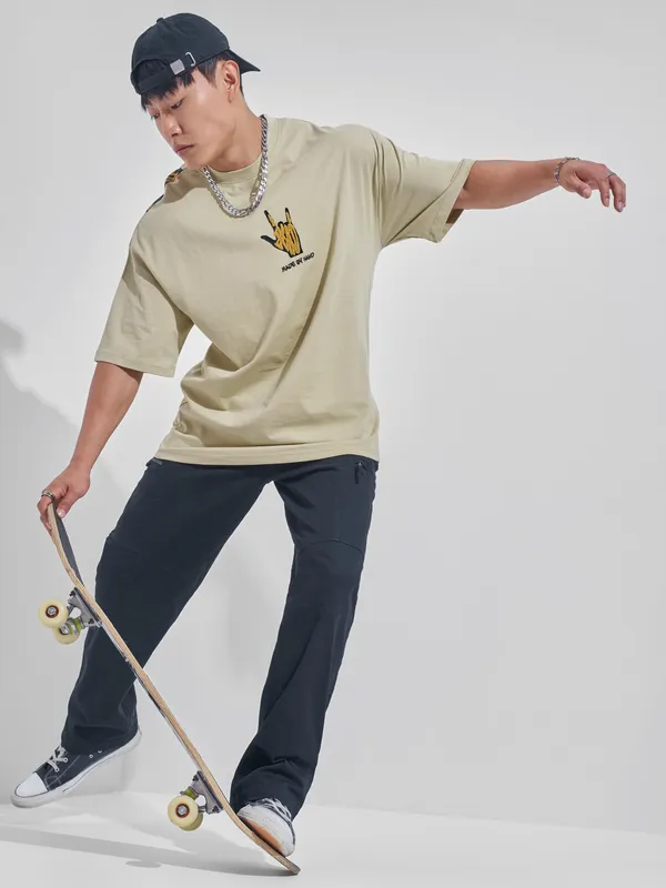 Highlander Men Nude Printed Round Neck Oversized Fit T-Shirt