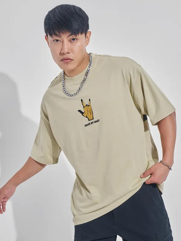 Highlander Men Nude Printed Round Neck Oversized Fit T-Shirt