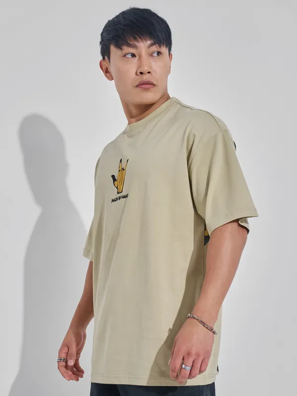 Highlander Men Nude Printed Round Neck Oversized Fit T-Shirt