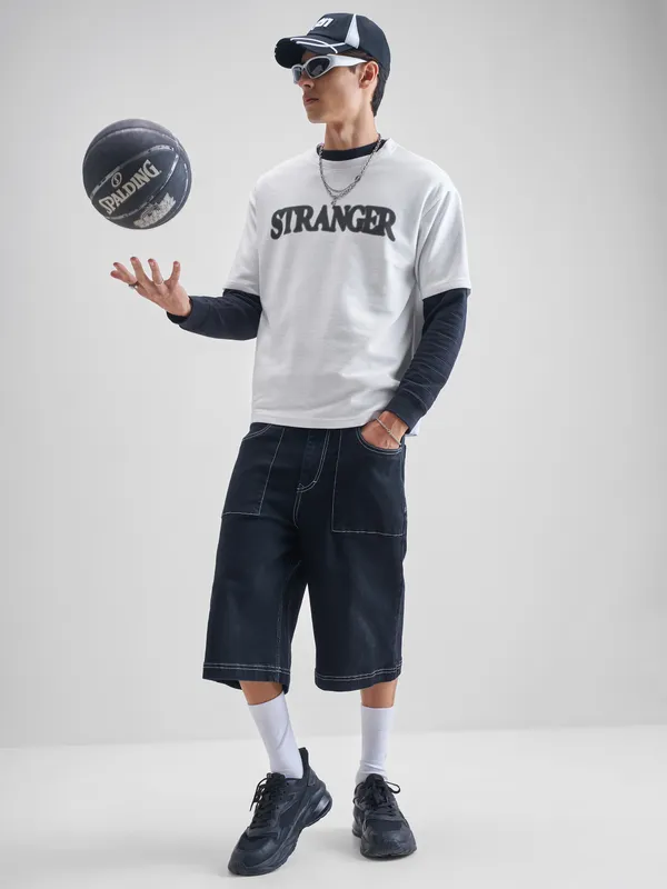 Highlander Men White Printed Round Neck Oversized Fit T-Shirt