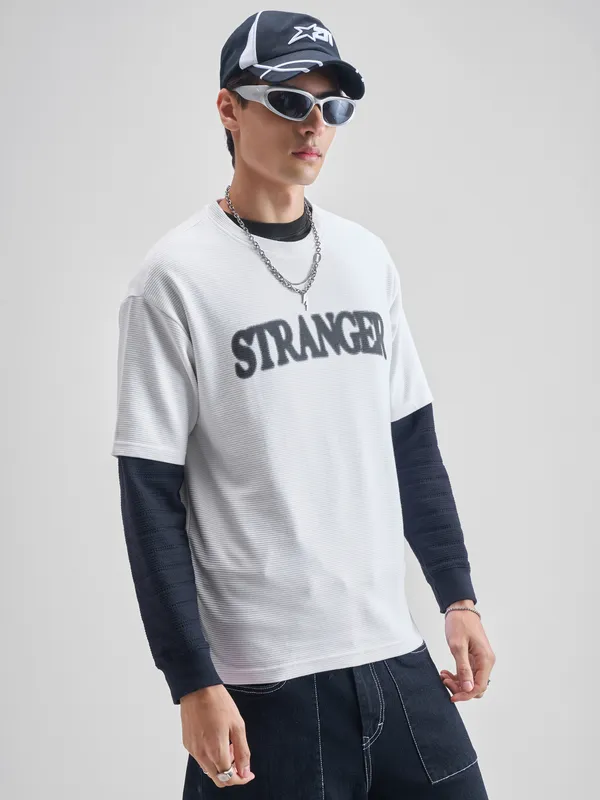 Highlander Men White Printed Round Neck Oversized Fit T-Shirt