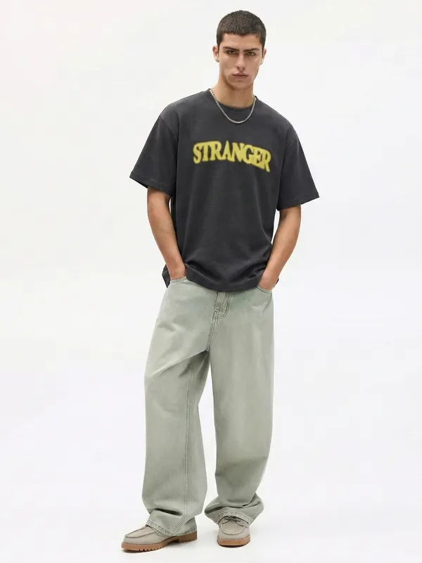 Highlander Men Black Printed Round Neck Oversized Fit T-Shirt