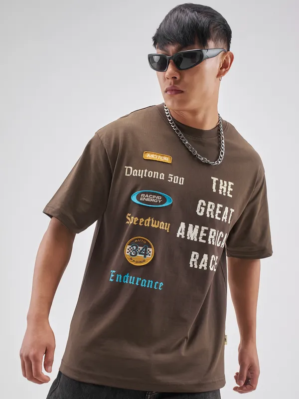 Highlander Men Brown Printed Round Neck T-Shirt