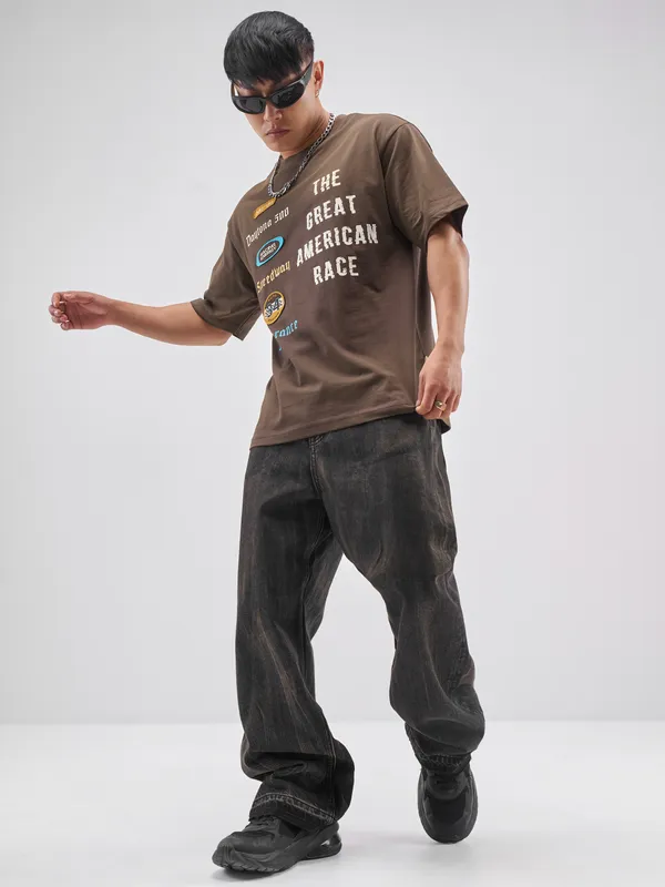 Highlander Men Brown Printed Round Neck T-Shirt