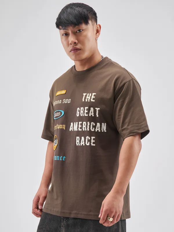 Highlander Men Brown Printed Round Neck T-Shirt