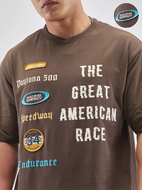 Highlander Men Brown Printed Round Neck T-Shirt