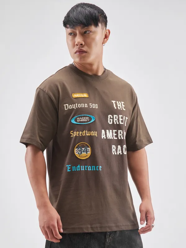 Highlander Men Brown Printed Round Neck T-Shirt