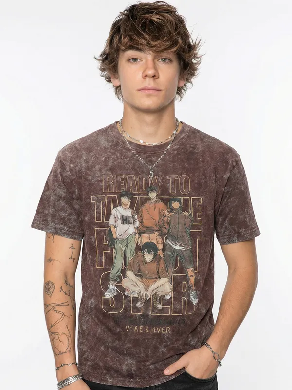 Highlander Men Brown Printed Round Neck T-Shirt