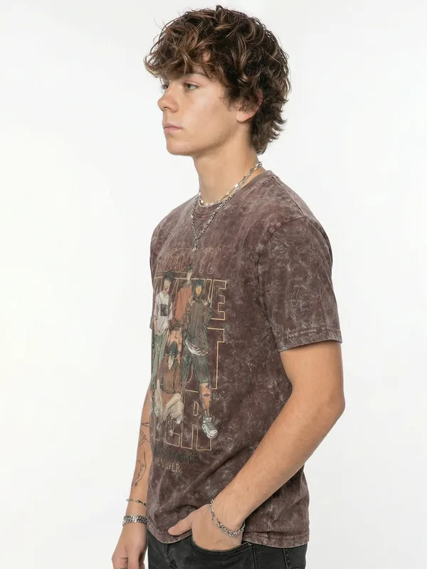 Highlander Men Brown Printed Round Neck T-Shirt