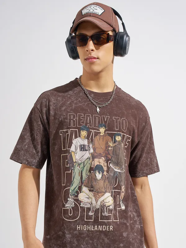 Highlander Men Brown Printed Round Neck T-Shirt