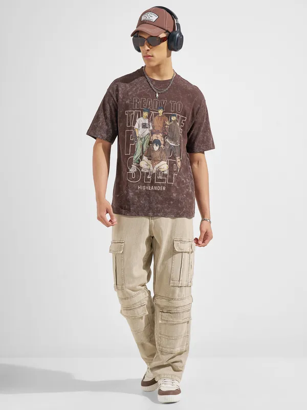 Highlander Men Brown Printed Round Neck T-Shirt