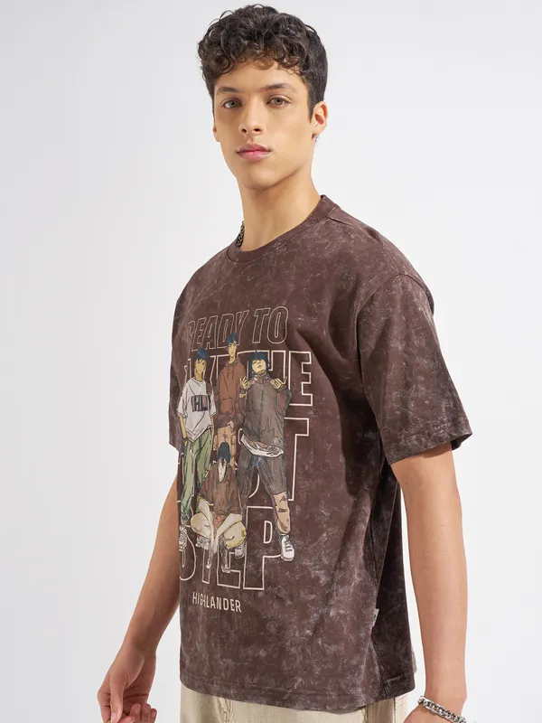 Highlander Men Brown Printed Round Neck T-Shirt