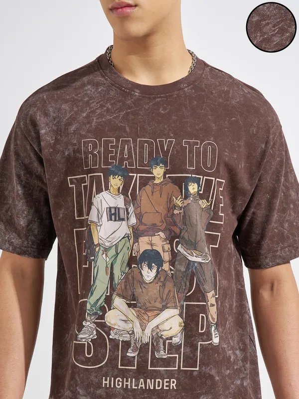Highlander Men Brown Printed Round Neck T-Shirt