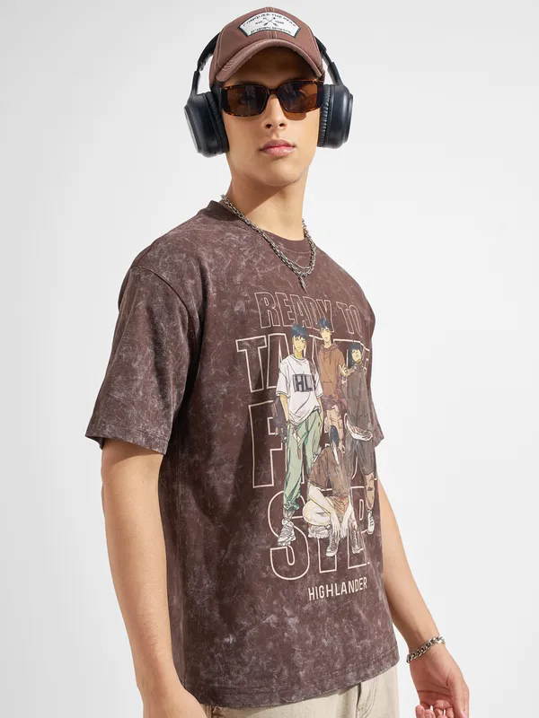 Highlander Men Brown Printed Round Neck T-Shirt