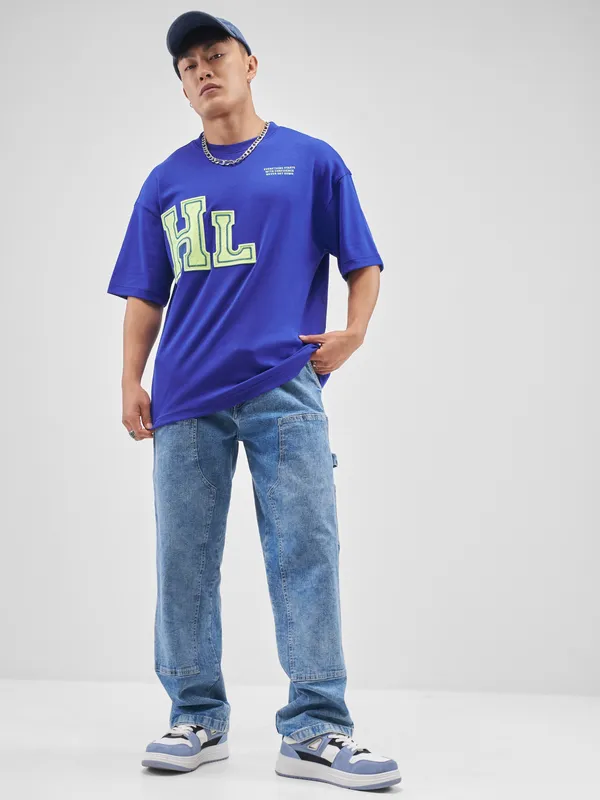 Highlander Men Blue Printed Round Neck Oversized Fit T-Shirt