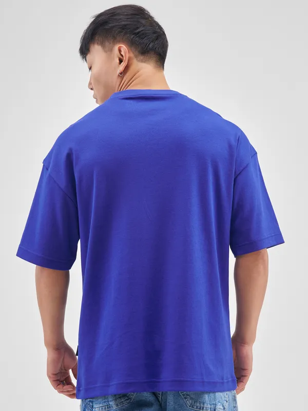 Highlander Men Blue Printed Round Neck Oversized Fit T-Shirt