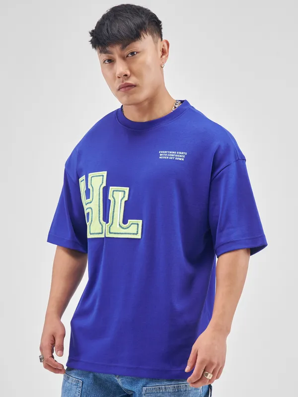 Highlander Men Blue Printed Round Neck Oversized Fit T-Shirt