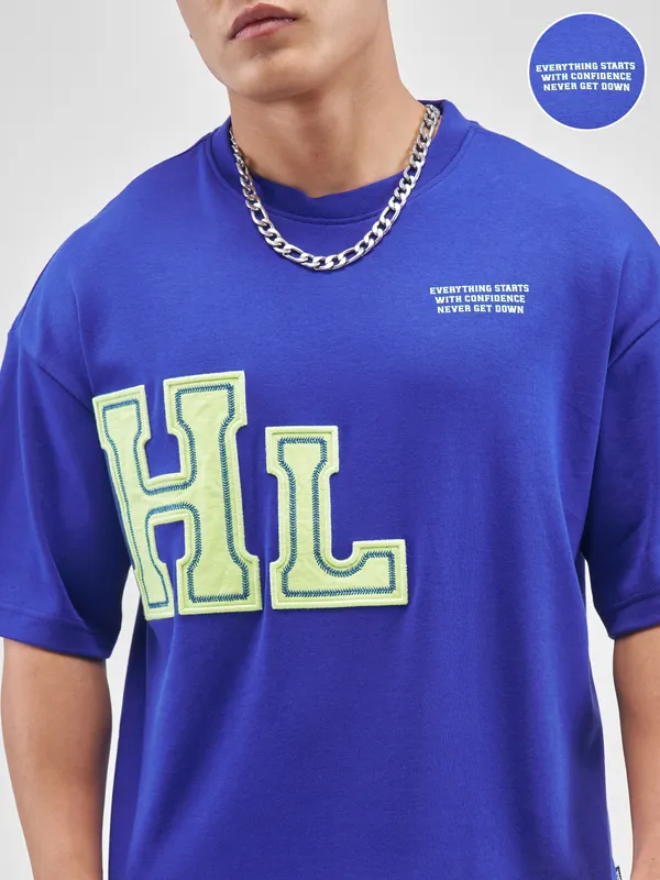 Highlander Men Blue Printed Round Neck Oversized Fit T-Shirt