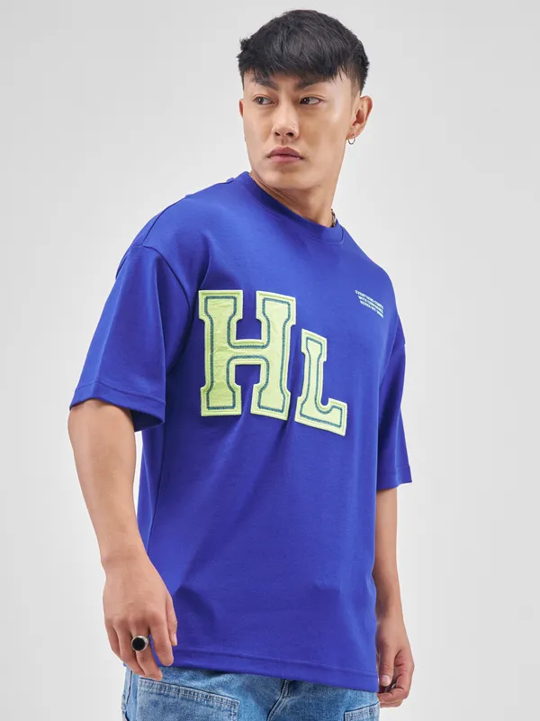 Highlander Men Blue Printed Round Neck Oversized Fit T-Shirt