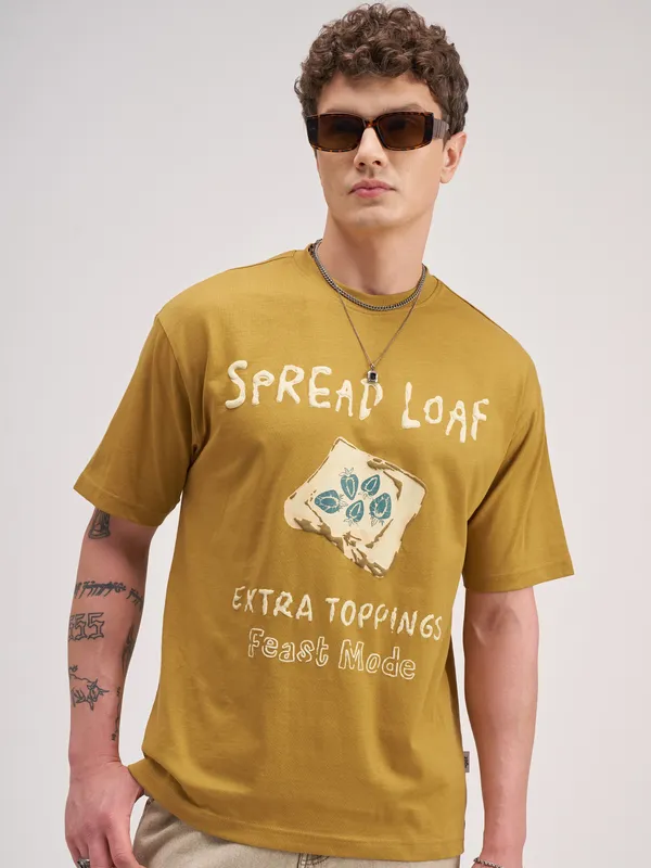 Highlander Men Mustard Printed Round Neck T-Shirt