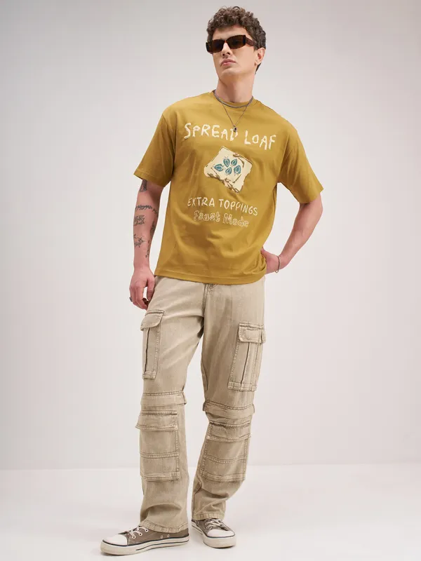 Highlander Men Mustard Printed Round Neck T-Shirt