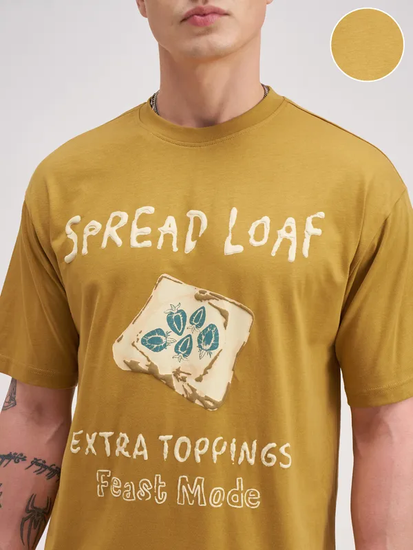 Highlander Men Mustard Printed Round Neck T-Shirt